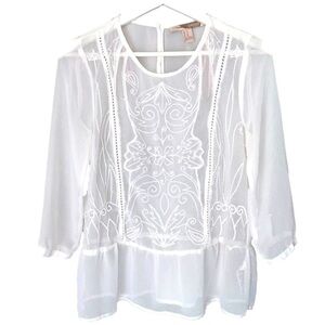 FOREVER 21 Peplum Top Beaded Embroidered Sheer White Women Size XS